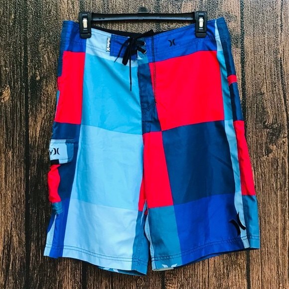 Hurley Board Shorts Blue Red Large Check Plaid Mens Size 32 Bathing Suit - Picture 8 of 9